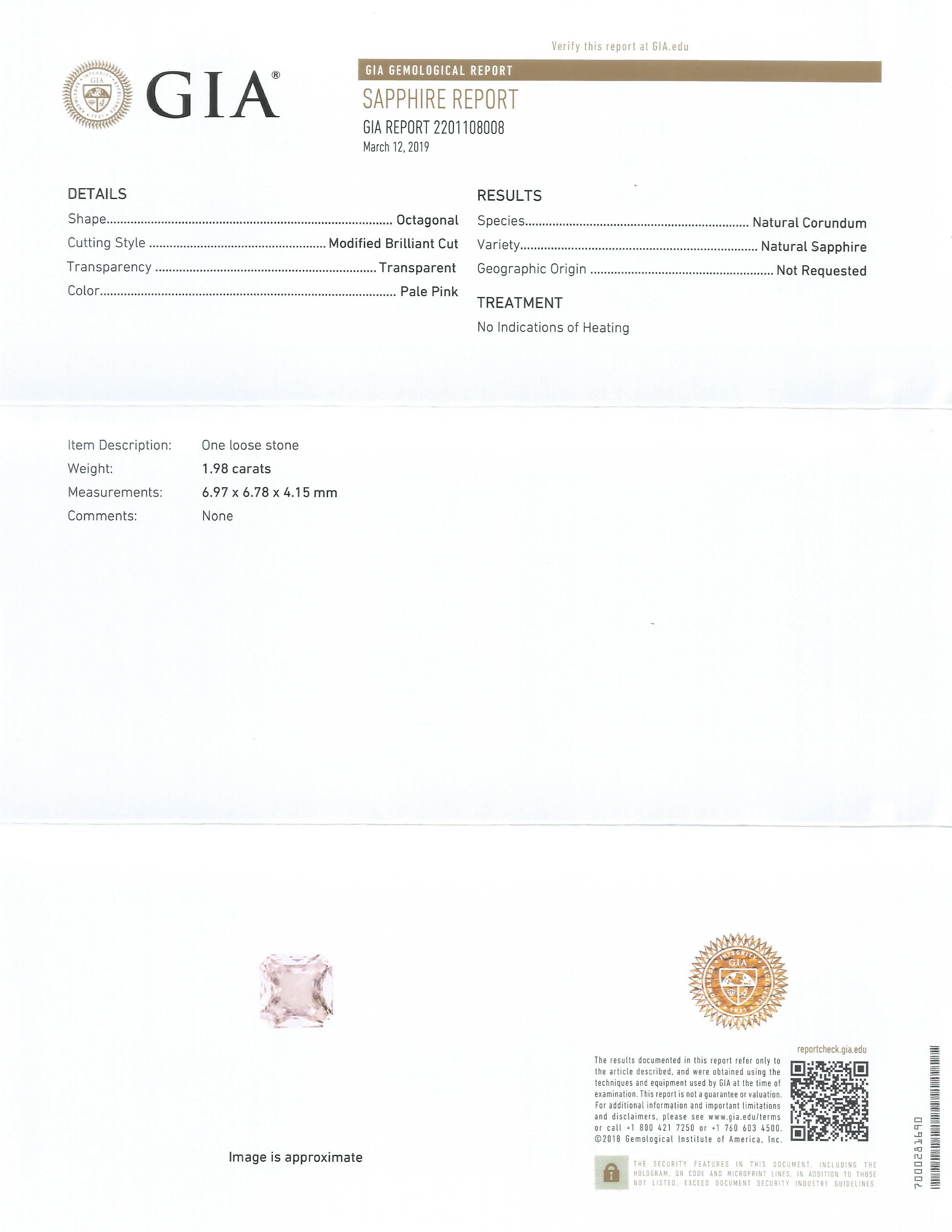 Women's GIA Certified 1.98 Ct. Natural Light Pink Sapphire Diamond Engagement Ring For Sale