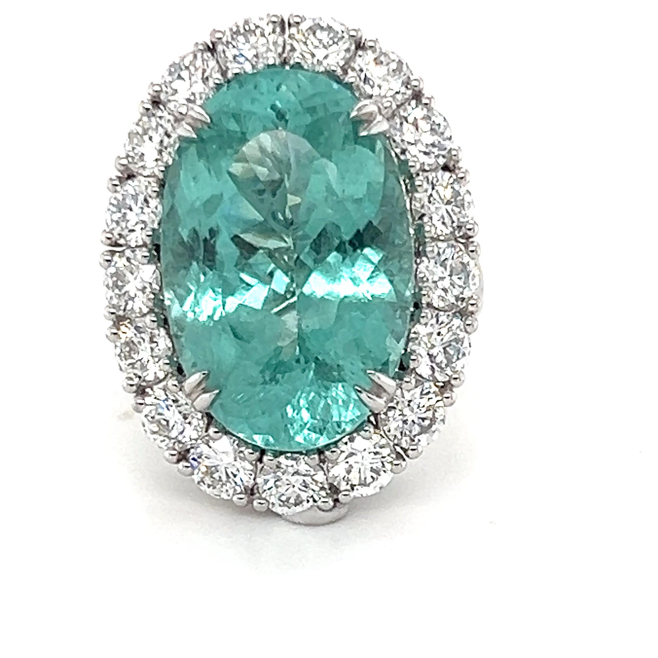 Women's GIA Certified 19.86 Carat Oval Cut Paraiba Tourmaline Diamond Halo Cocktail Ring For Sale