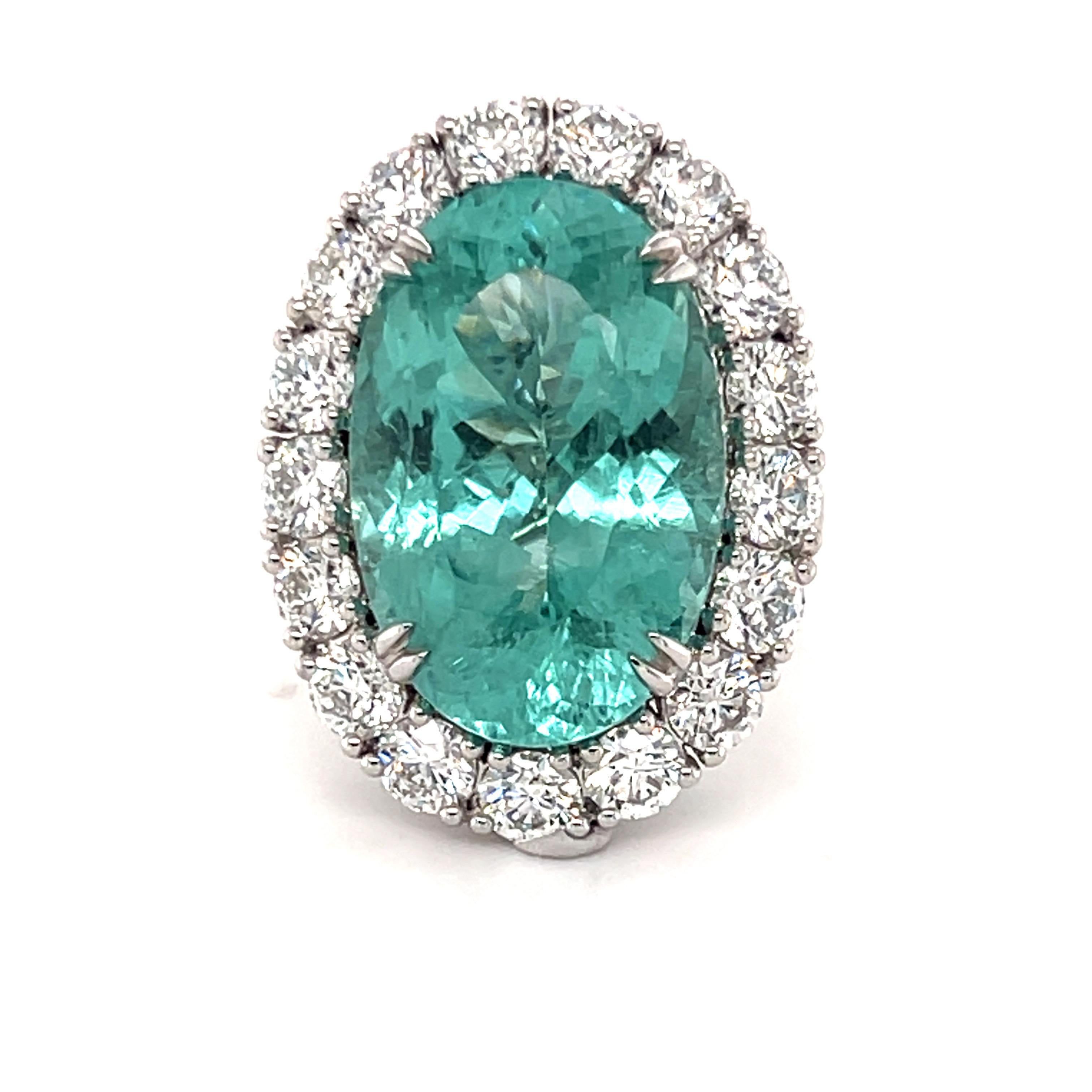 GIA Certified 19.86 Carat Oval Cut Paraiba Tourmaline Diamond Halo Cocktail Ring For Sale 1