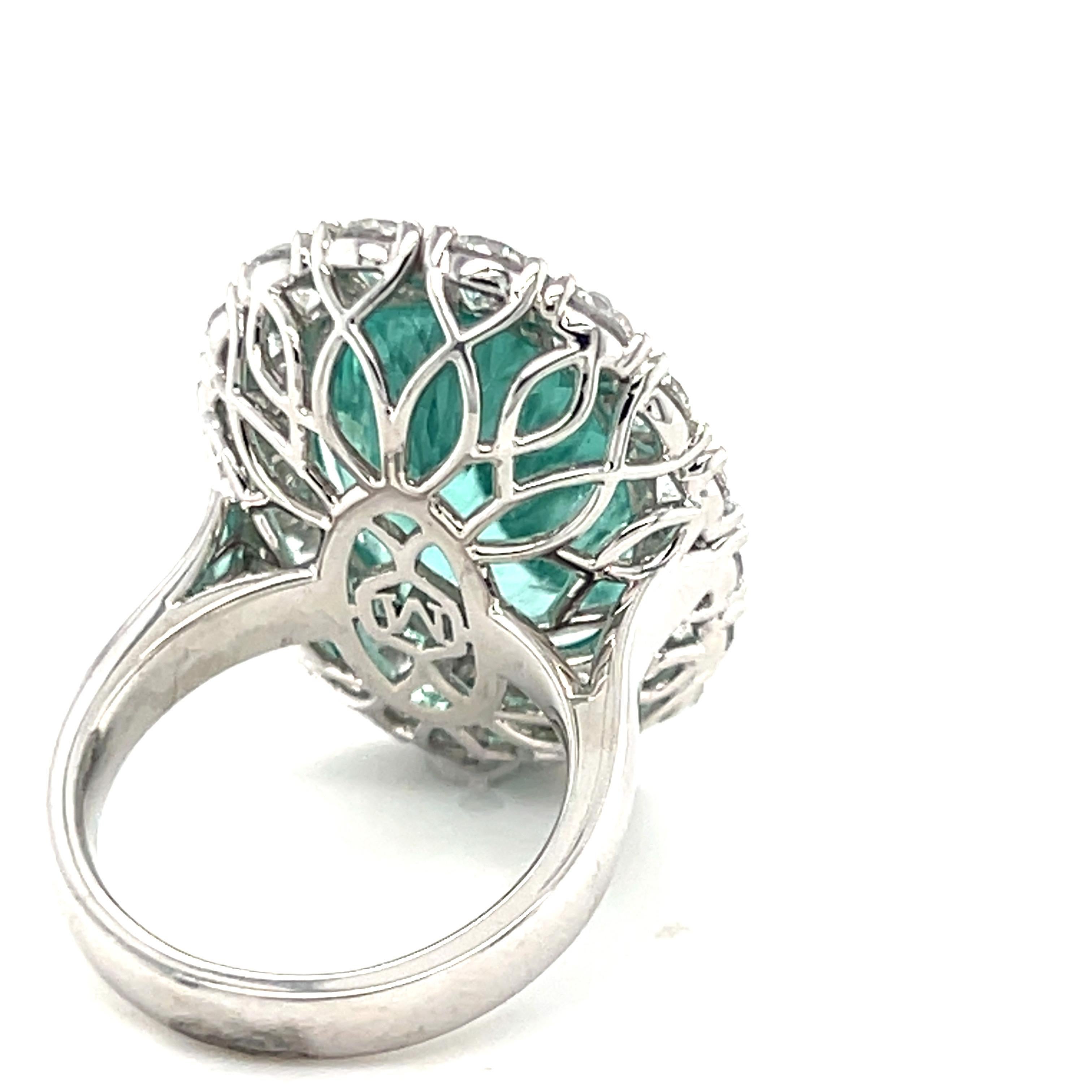 GIA Certified 19.86 Carat Oval Cut Paraiba Tourmaline Diamond Halo Cocktail Ring For Sale 4