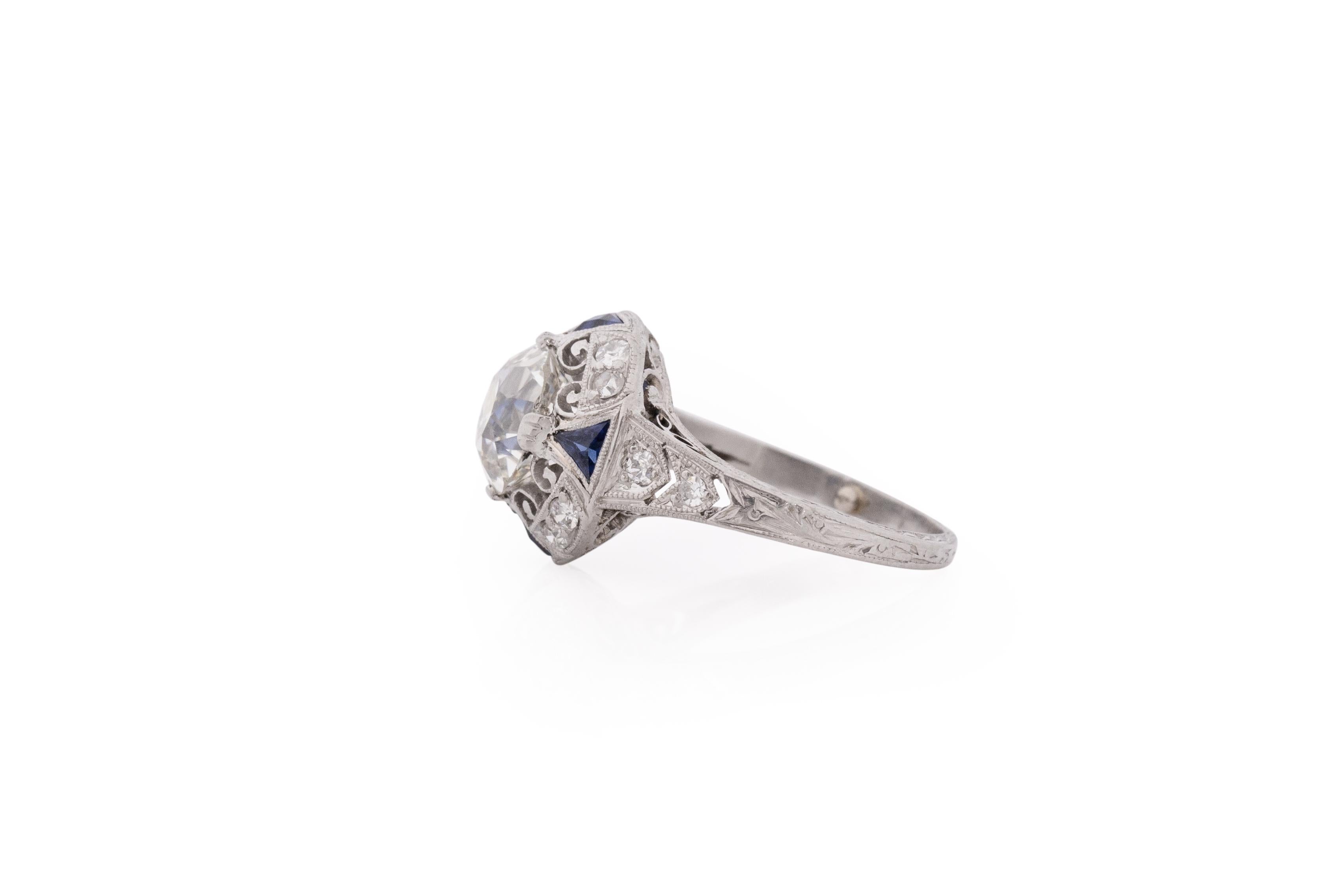 Item Details: 
Ring Size: 5
Metal Type: Platinum [Hallmarked, and Tested]
Weight: 3.5 grams

Center Diamond Details:
GIA REPORT #: 6213485989
Weight: 1.99 carat
Cut: Antique Cushion (Old Mine Brilliant)
Color: K
Clarity: VS1
Measurements: 7.40mm x