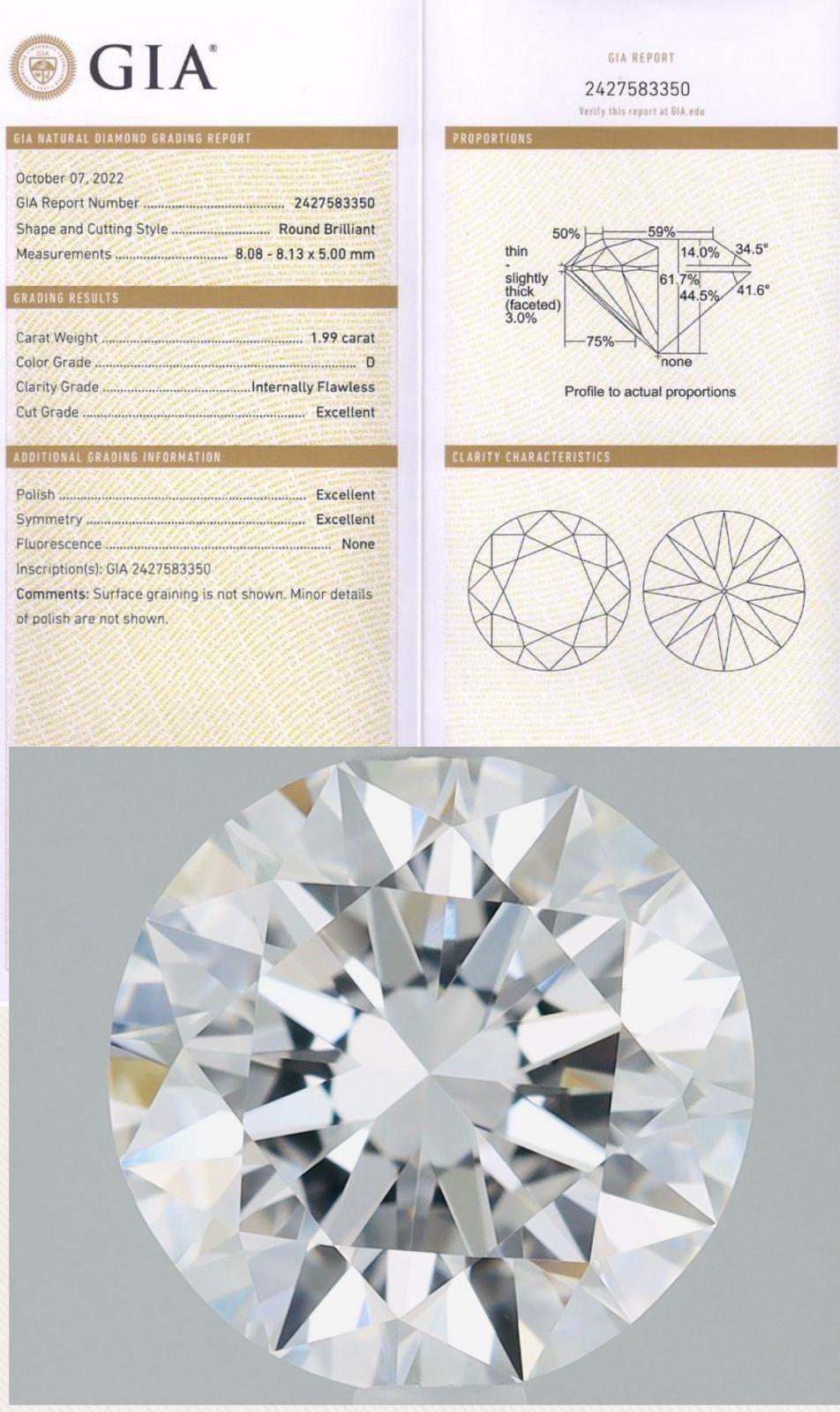 Round Cut GIA Certified 1.99 Carats Natural Diamond D / IF Triple XXX For Sale