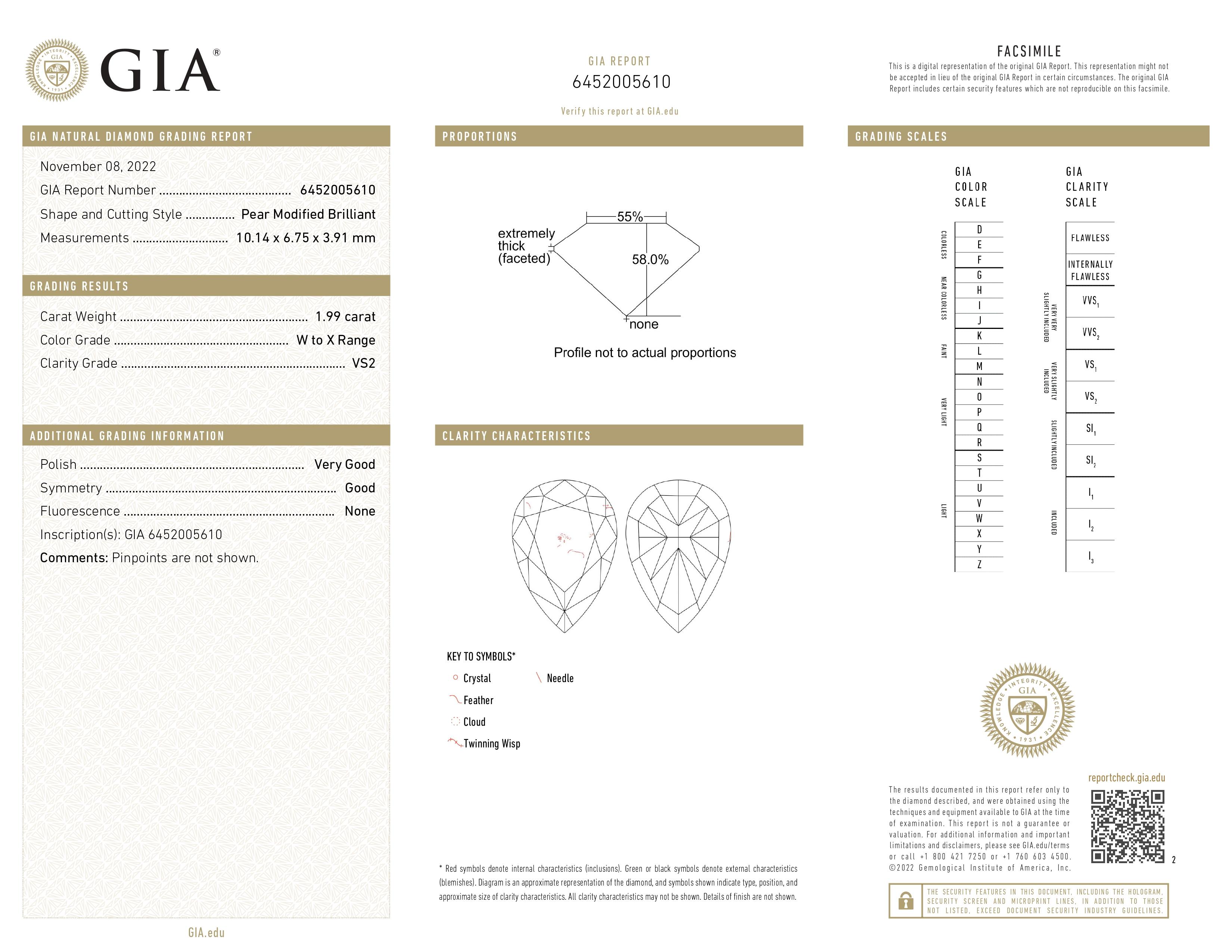 Women's GIA Certified, 1.99ct Natural W-X Colour Pear Shape Solitaire Diamond ring 18KT. For Sale