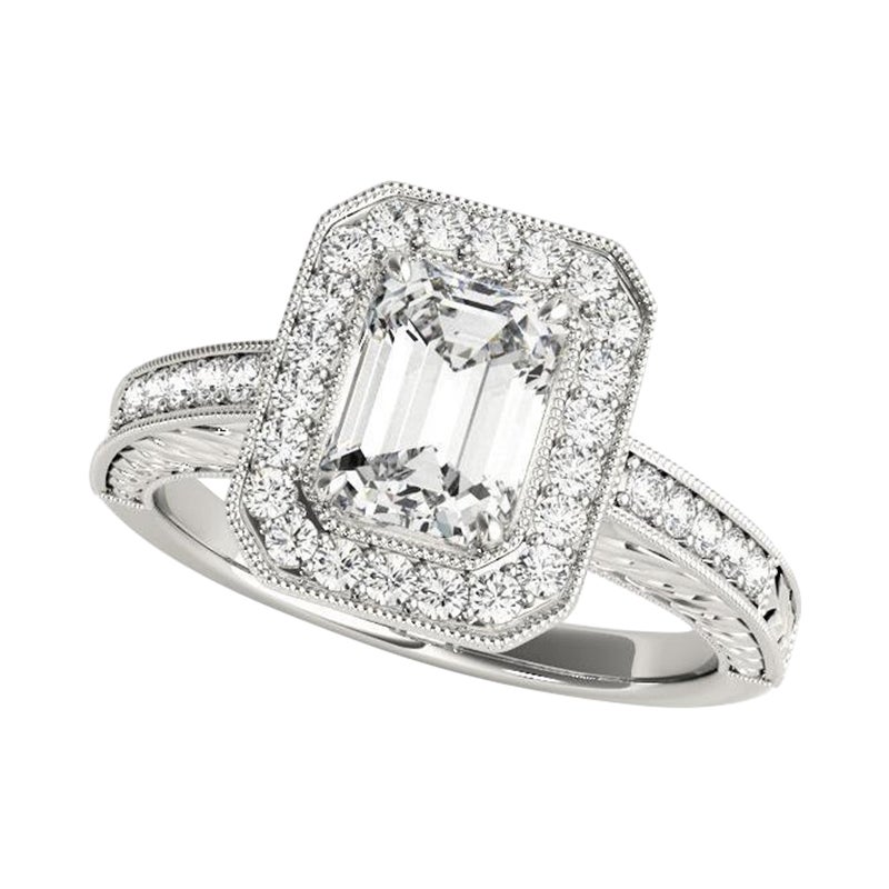 GIA Certified 1ct Emerald Halo Engraved Openwork Platinum Diamond Ring