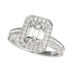 GIA Certified 1ct Emerald Halo Engraved Openwork Platinum Diamond Ring