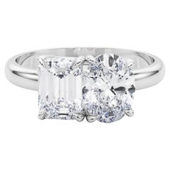 GIA Certified 1ct Oval Cut and 1ct Emerald Cut Toi et Moi Diamond Ring -18K Gold