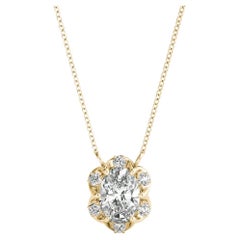 GIA Certified 1ct Oval Diamond Flower Cluster Pendant Necklace in Yellow Gold