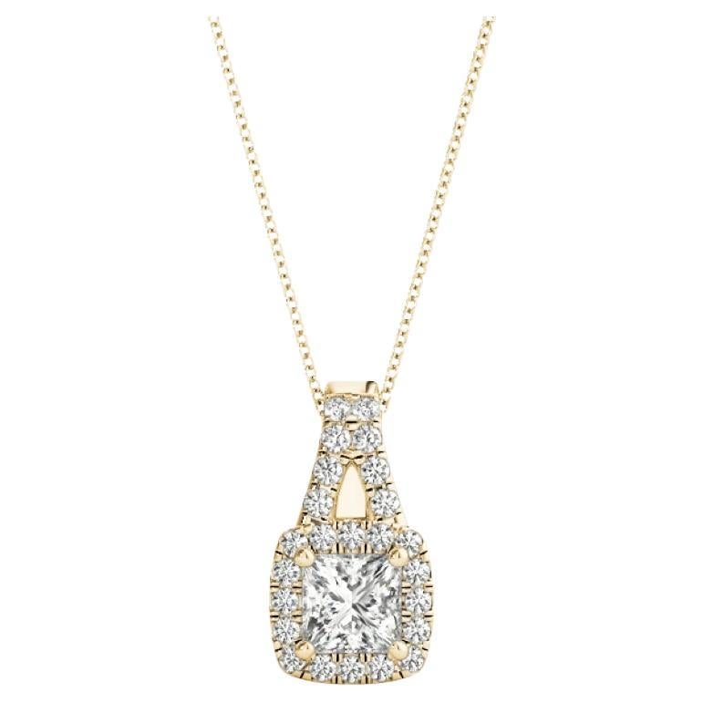 GIA Certified 1ct Princess Diamond Halo Gold Pendant Necklace For Sale
