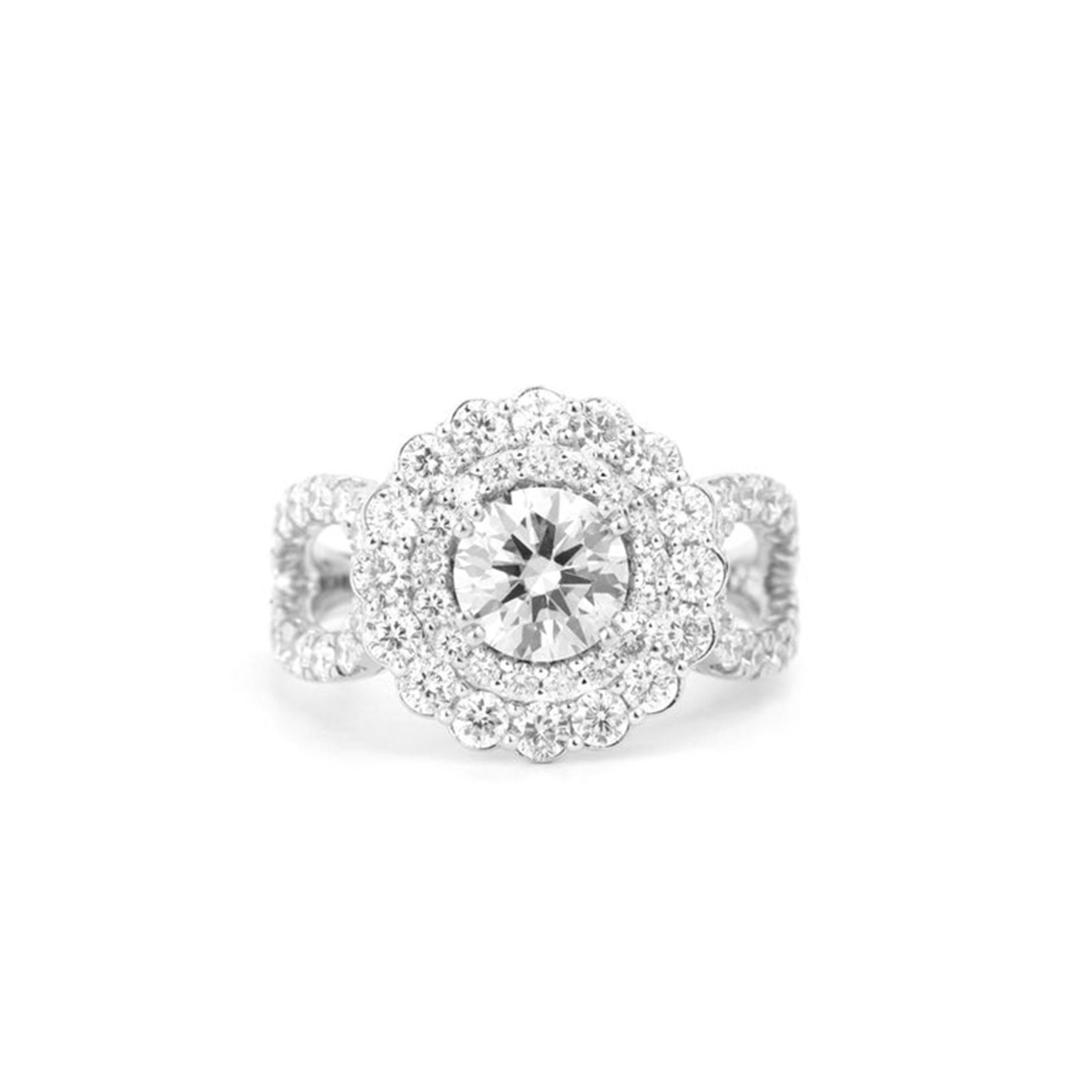 Bague en or blanc 18 carats certifiée par le GIA, avec double halo de diamants taille ronde de 1 carat en vente 3