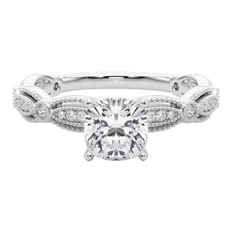 GIA Certified 1ct Vintage Cushion Milgrain Band Platinum Diamond Ring