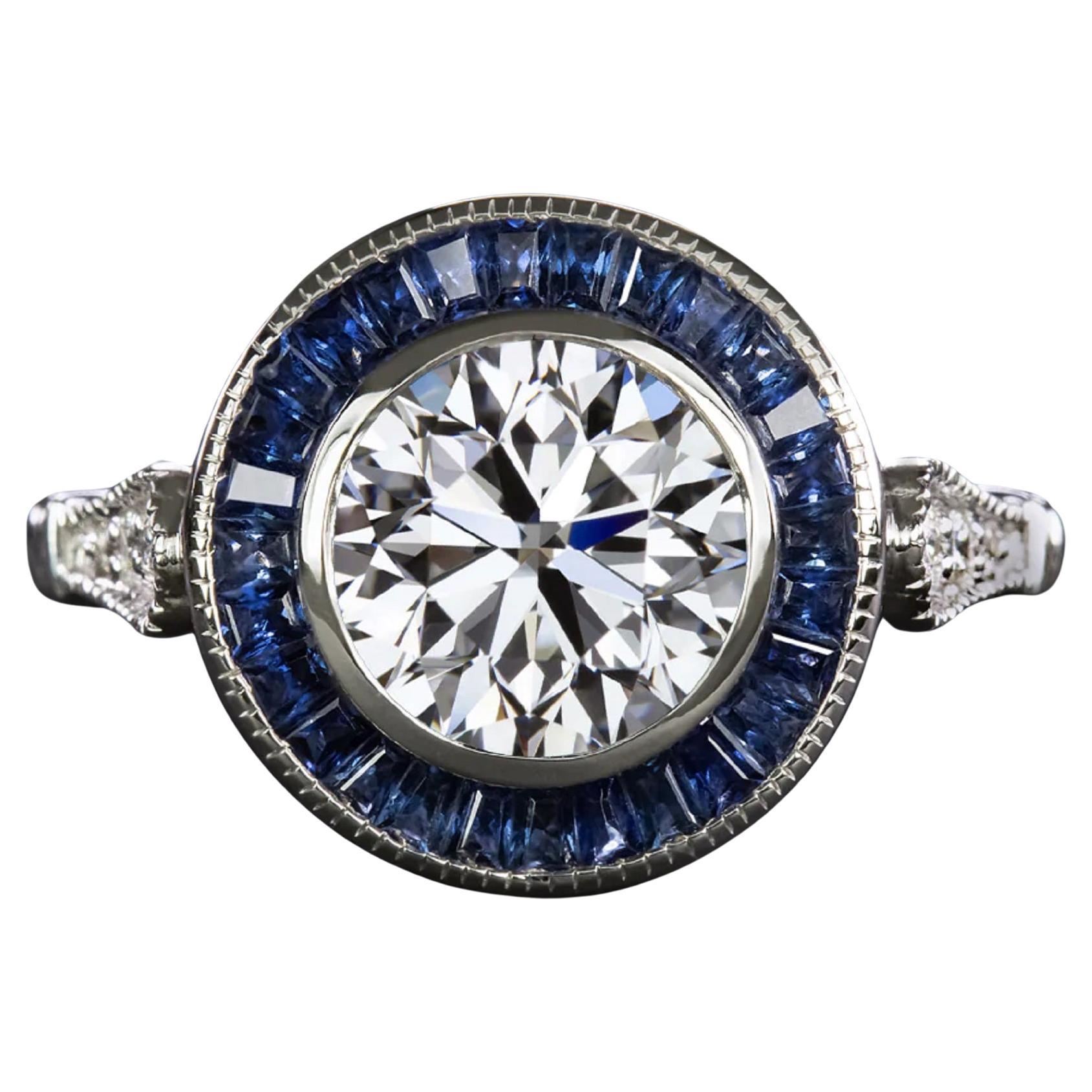 GIA Certified 2 Carat Blue Sapphire Art Deco Diamond Ring For Sale