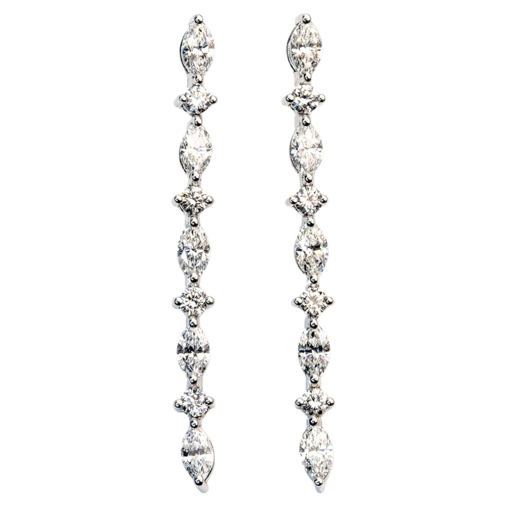2 Carat E-F Color VS Round and Marquise Cut Diamond Caravel Dangle Earrings For Sale