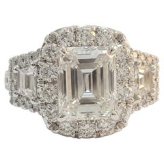 GIA Certified 2 Carat Emerald Cut Diamond Halo Three-Stone Ring by Henri Daussi
