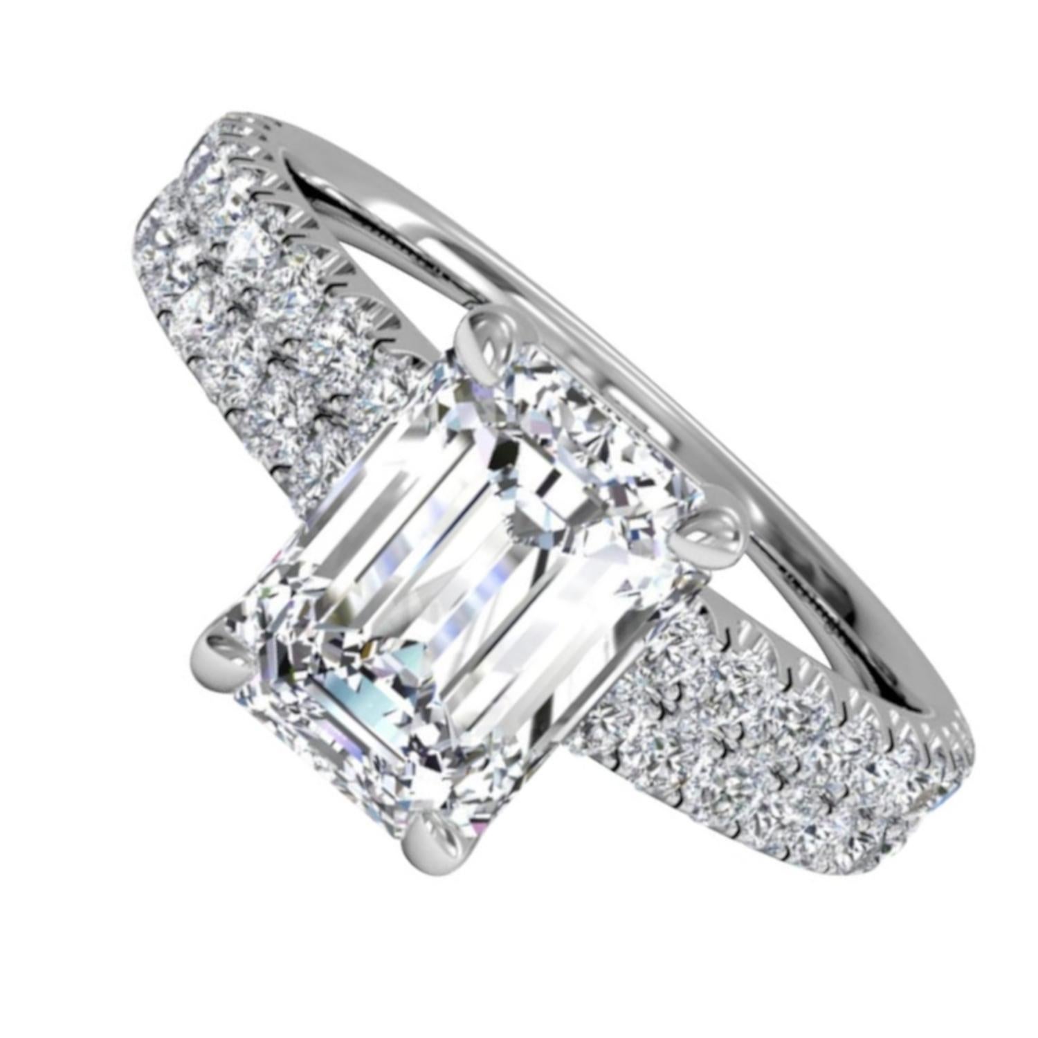 Taille émeraude GIA Certified 2 Carat Emerald Cut Diamond Pave Ring VVS1 Clarity D Color en vente