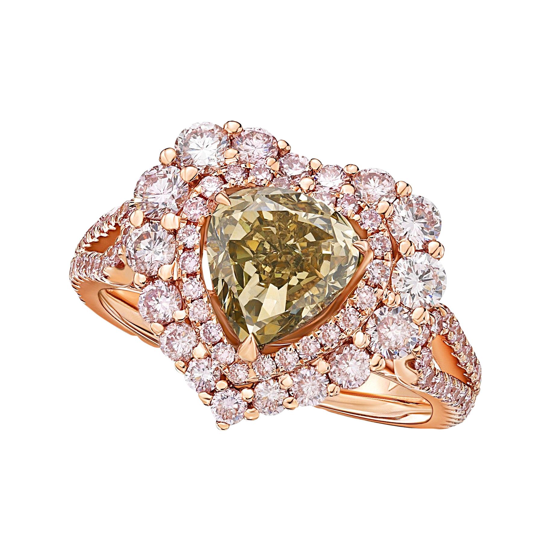 GIA Certified 2 Carat Fancy Brown Greenish Yellow Pink Gold Diamond Heart Ring For Sale