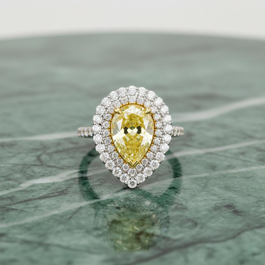 Contemporain Bague double halo en or 18 carats certifiée GIA et ornée d'un diamant jaune clair fantaisie de 2 carats en vente