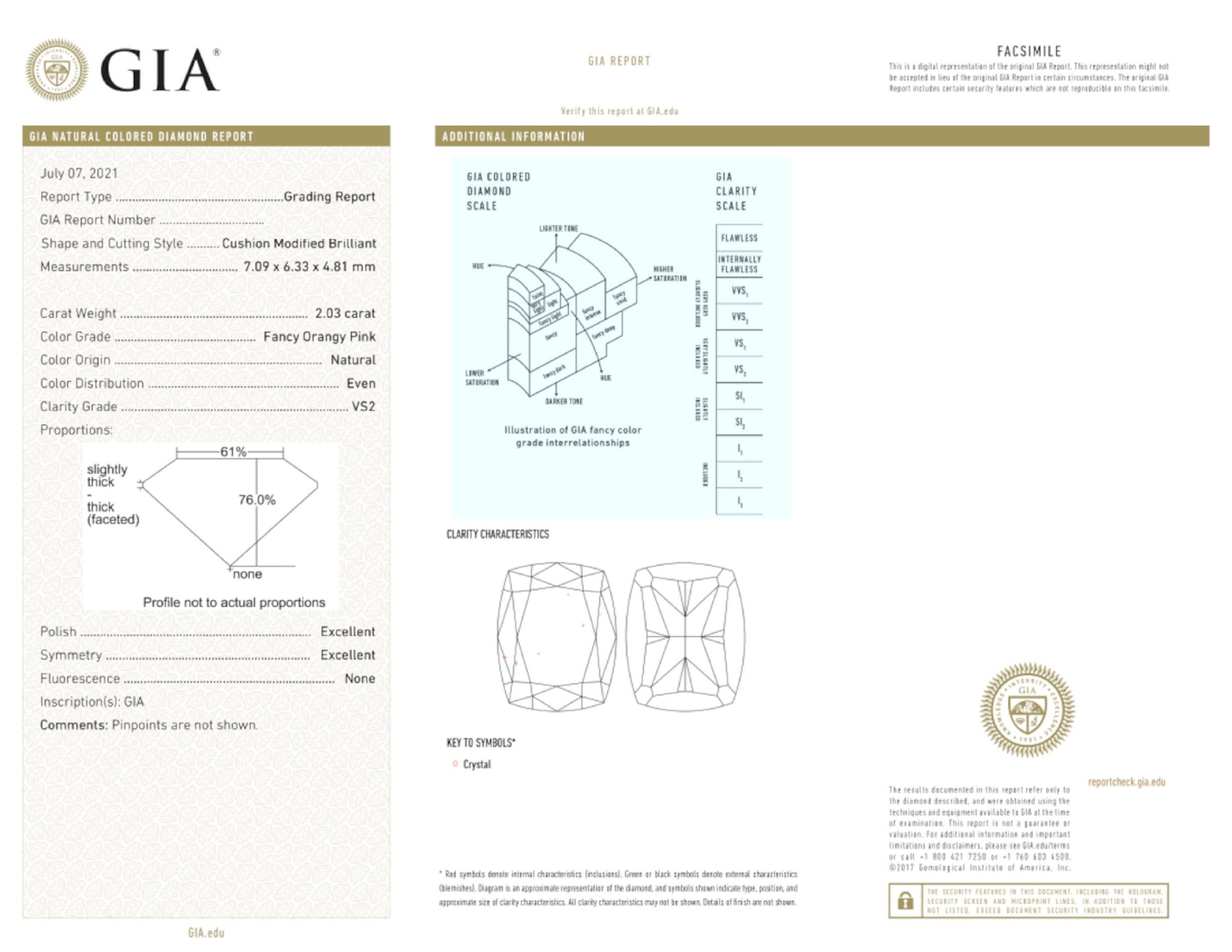 Taille coussin Bague en diamant rose orangé élégant de 2 carats certifié par le GIA en vente