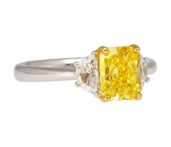 GIA Certified 2 Carat Fancy Vivid Yellow Radiant Cut Diamond 3-Stone Ring
