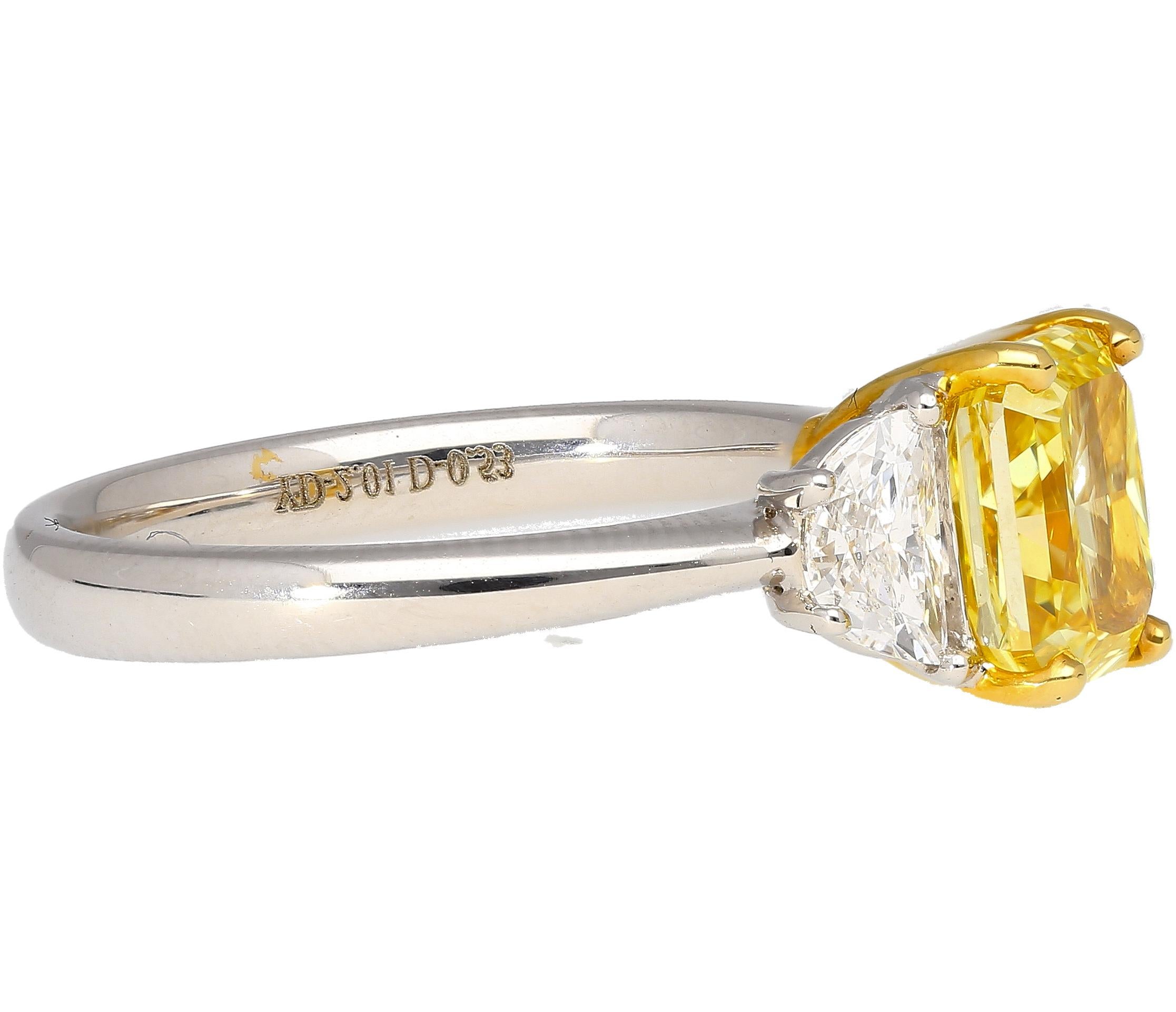 Modern GIA Certified 2 Carat Fancy Vivid Yellow Radiant Cut Diamond 3-Stone Ring For Sale