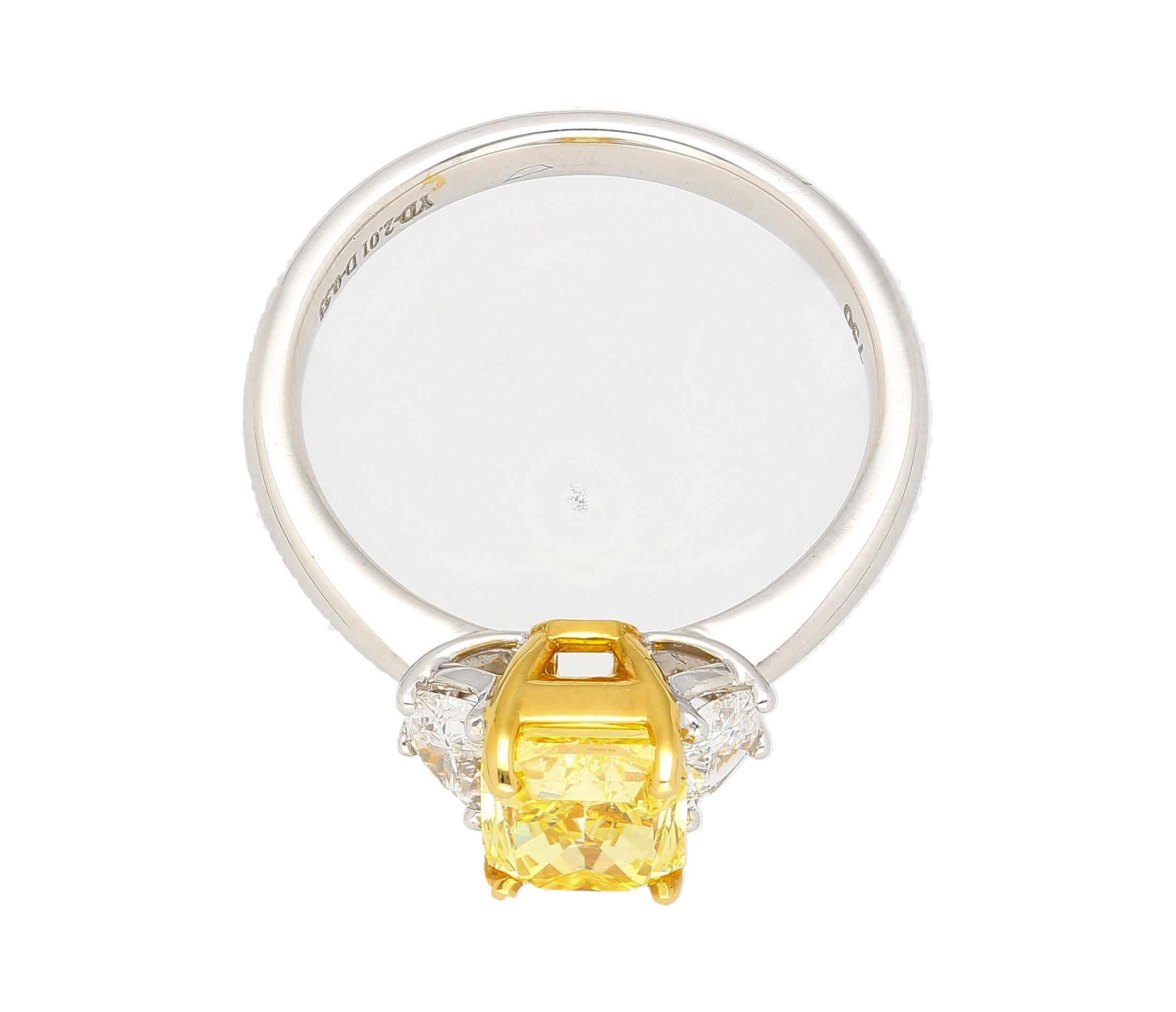 GIA Certified 2 Carat Fancy Vivid Yellow Radiant Cut Diamond 3-Stone Ring In New Condition For Sale In Miami, FL