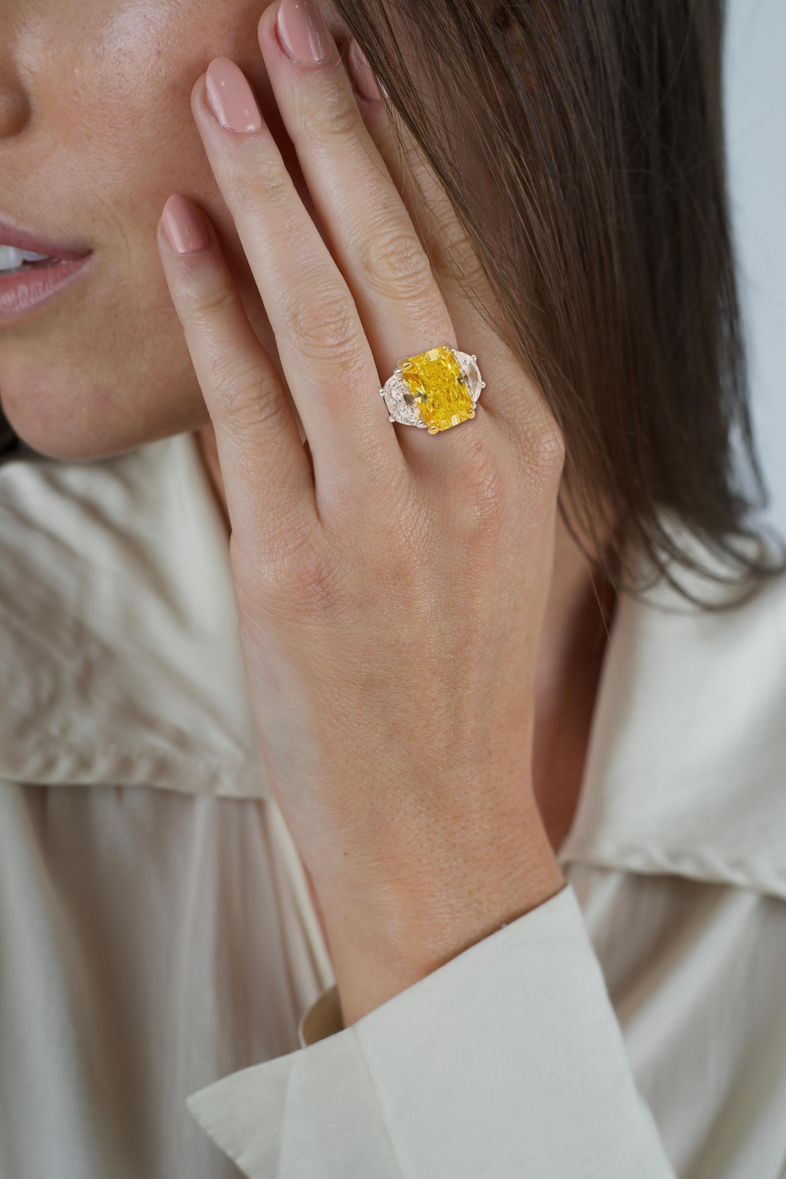 Women's GIA Certified 2 Carat Fancy Vivid Yellow Radiant Cut Diamond 3-Stone Ring For Sale