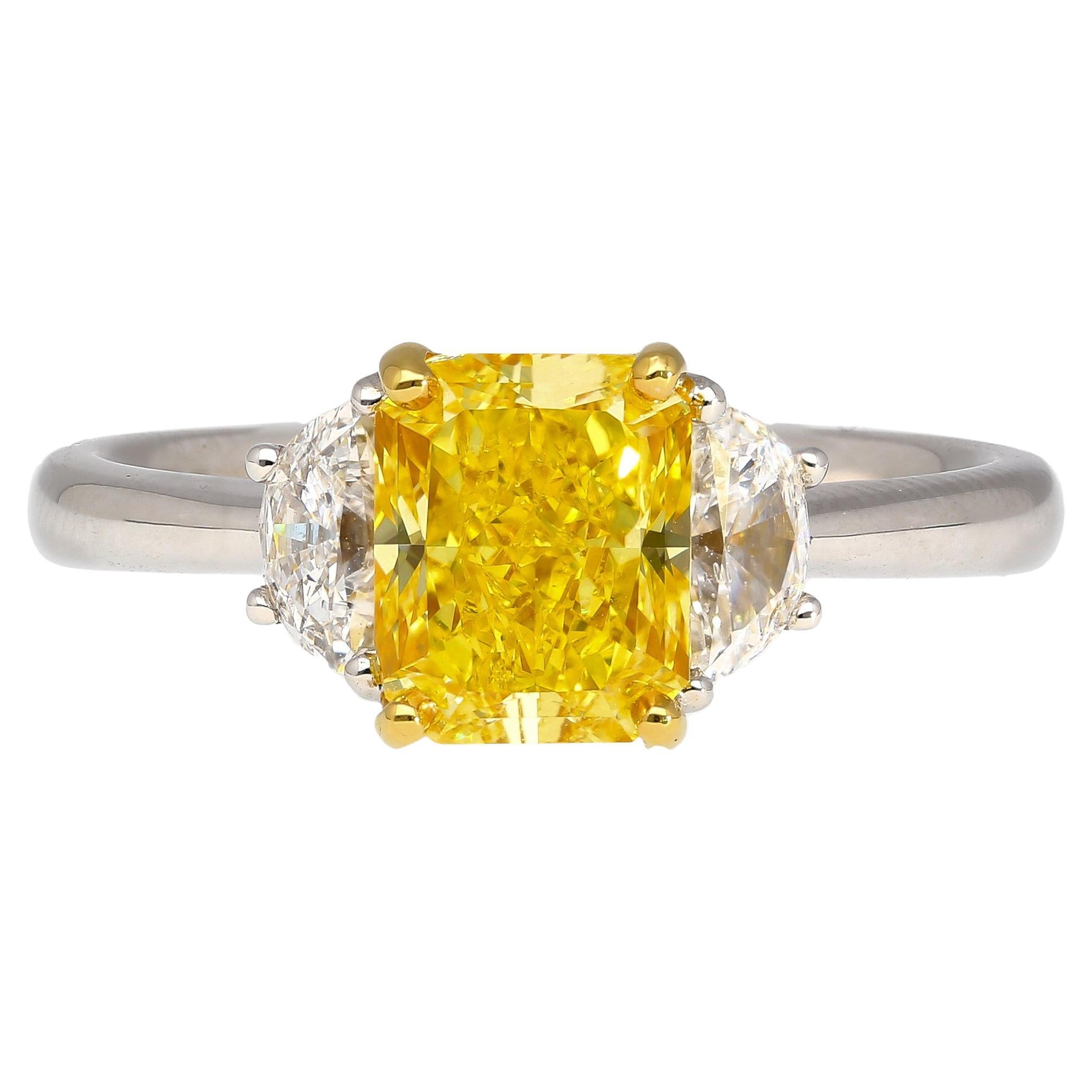 GIA Certified 2 Carat Fancy Vivid Yellow Radiant Cut Diamond 3-Stone Ring For Sale