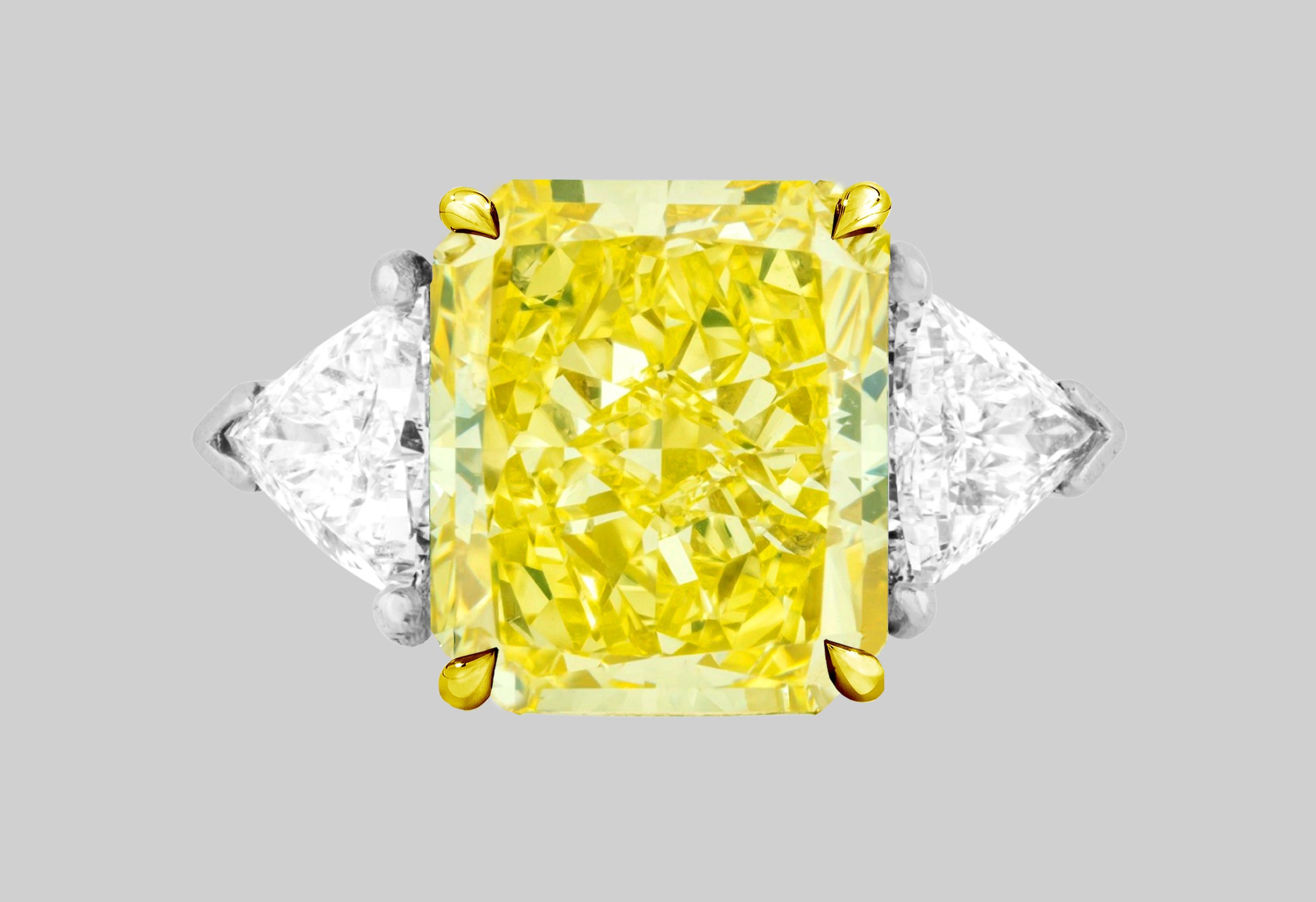 Modern GIA Certified 4 Carat Fancy Intense Yellow Cushion Cut Diamond Ring 