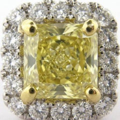 GIA Certified 2 Carat Fancy Yellow Cushion Cut Diamond Halo Stud Earrings
