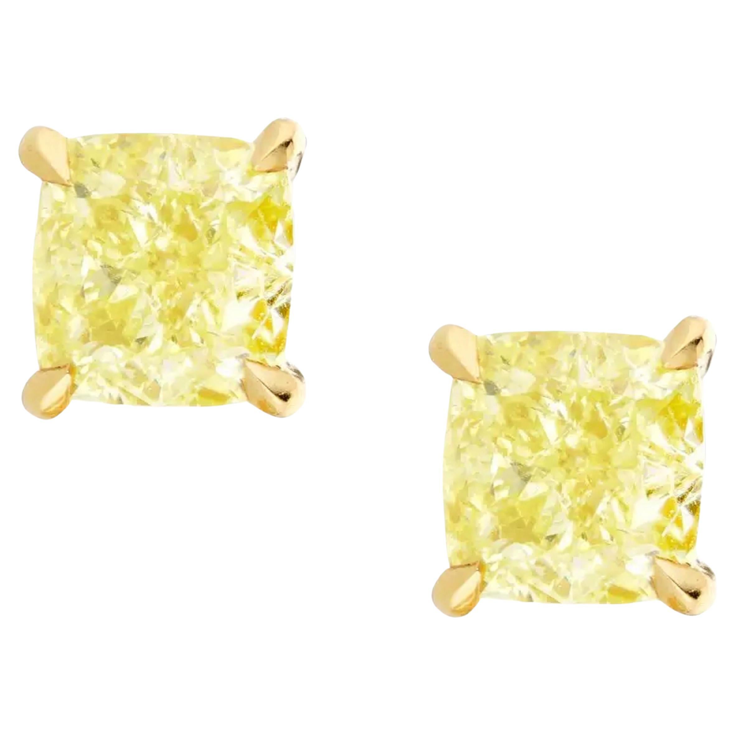 GIA Certified 2 Carat Fancy Yellow Cushion Cut Diamond Studs For Sale