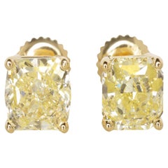 GIA Certified 2 Carat Fancy Yellow Cushion Diamond 18k Yellow Gold Studs