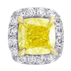 GIA Certified 2 Carat Fancy Yellow Cushion Diamond Gold Studs Earrings