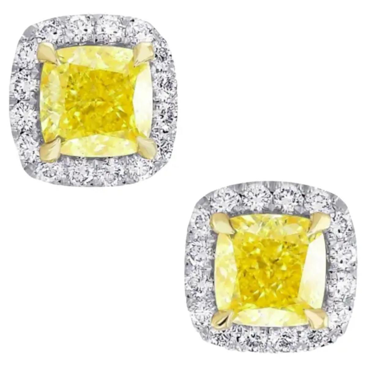 Cushion Cut GIA Certified 2 Carat Fancy Yellow Cushion Diamond Gold Studs Earrings For Sale
