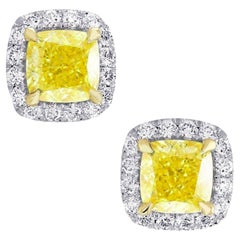 GIA Certified 2 Carat Fancy Yellow Cushion Diamond Gold Studs Earrings