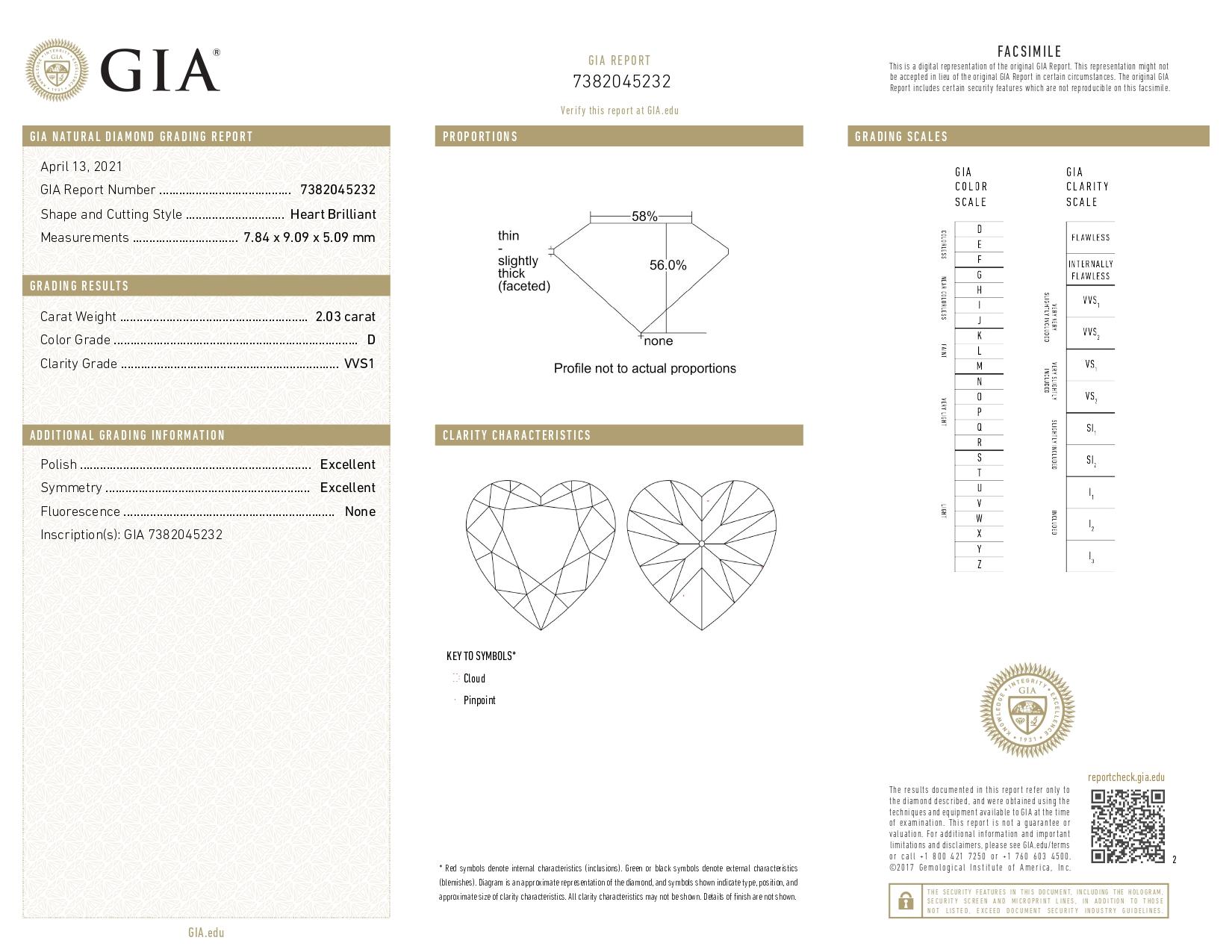 GIA Certified 2.03 Carat Heart Cut Diamond D Color VVS1 Clarity Platinum Ring In New Condition For Sale In Chicago, IL