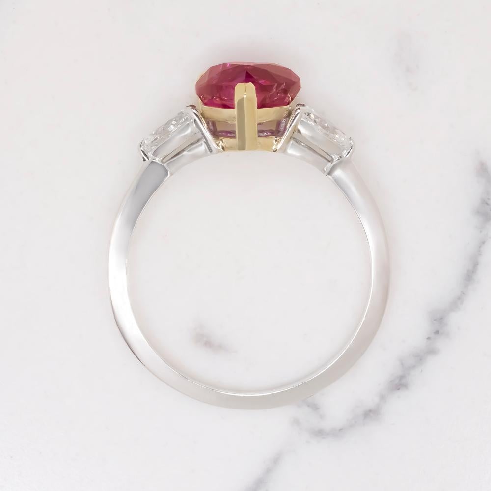 Modern GIA Certified 2 Carat Heart Shape Fiery Vivid Red NO HEAT Ruby Pear Diamond Ring For Sale