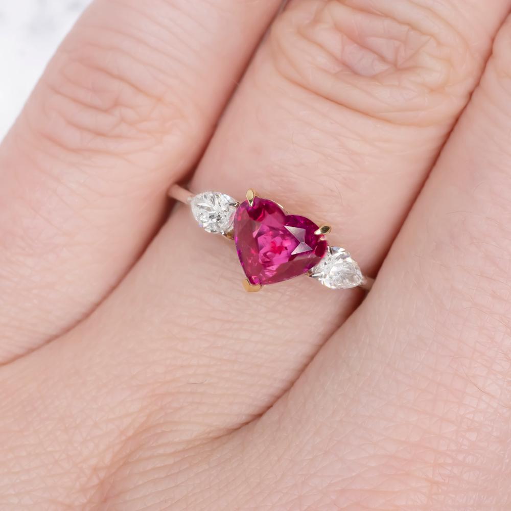 Heart Cut GIA Certified 2 Carat Heart Shape Fiery Vivid Red NO HEAT Ruby Pear Diamond Ring For Sale