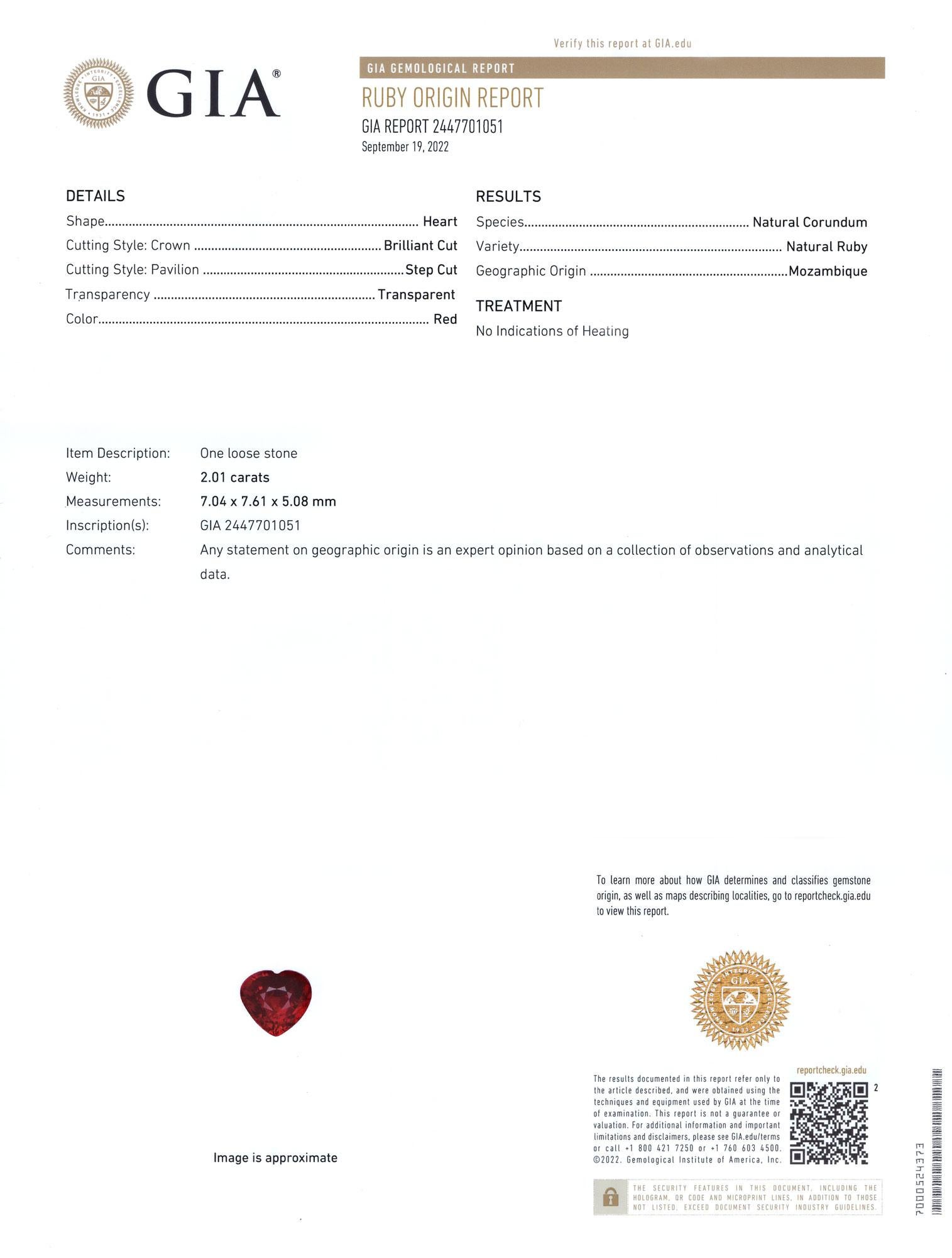 GIA Certified 2 Carat Heart Shape Fiery Vivid Red NO HEAT Ruby Pear Diamond Ring (bague en forme de cœur rouge vif sans chaleur) en vente 2