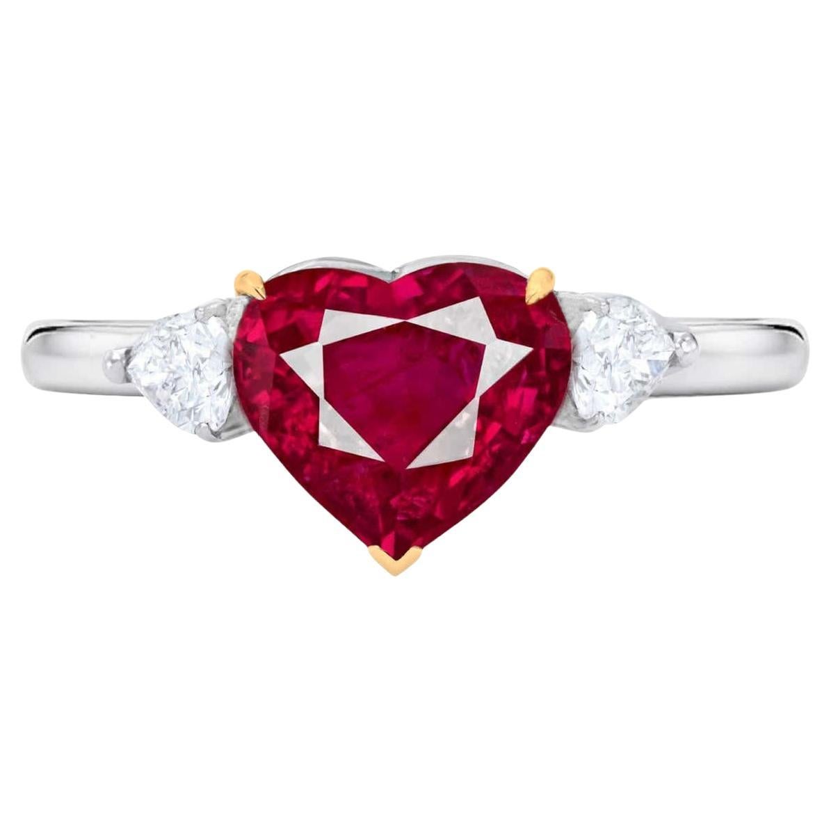 GIA Certified 2 Carat Heart Shape Fiery Vivid Red NO HEAT Ruby Pear Diamond Ring For Sale