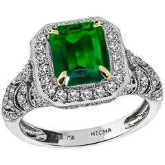 GIA Certified 2 Carat Natural Colombian Emerald Diamond Gold Ring