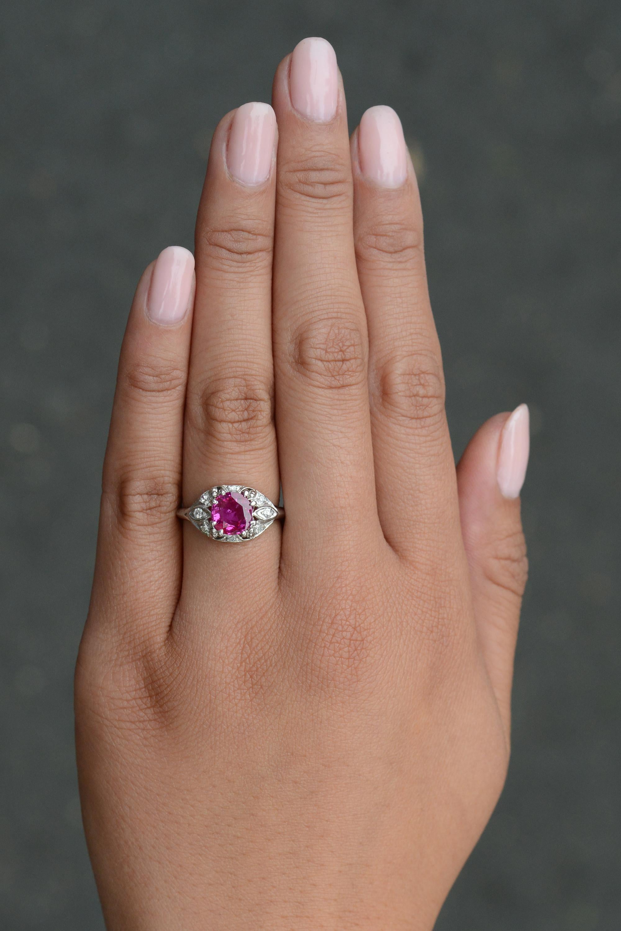 This no heat ruby engagement ring is quite the beauty and one of the rarer treasures in our collection. Unheated rubies make up less than 1% of all gem-quality rubies and one displaying this vivid color, saturation, carat weight, origin and GIA