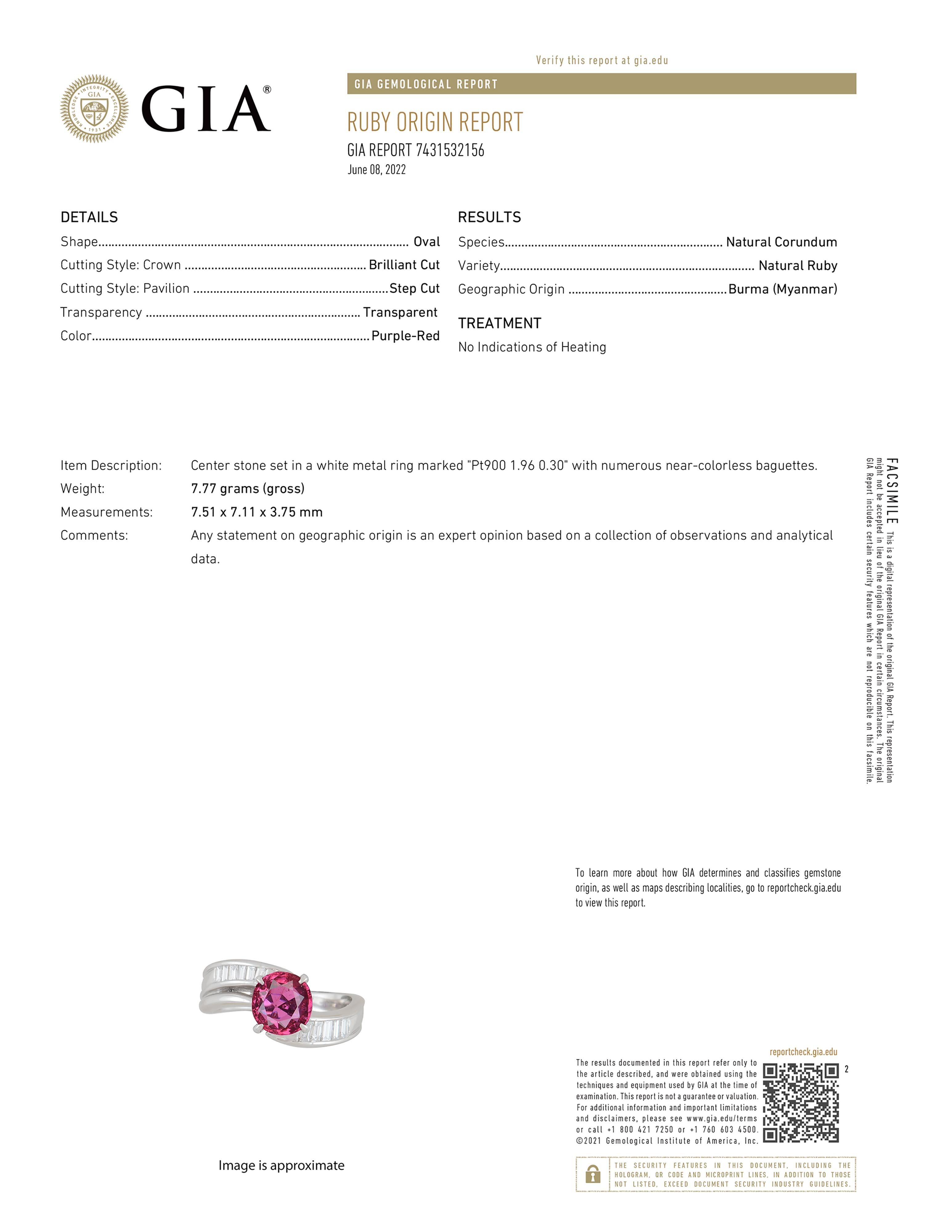 Oval Cut GIA Certified 2 Carat No Heat Burma Ruby Art Deco Ring For Sale