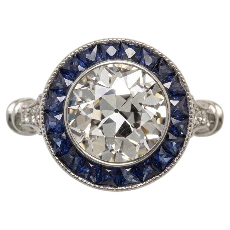 GIA-zertifizierter Ring im Art-Déco-Stil mit einem Diamanten im alten europäischen Schliff (2 Karat) und einem Saphir