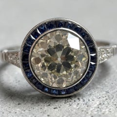 GIA Certified 2 Carat Old European Cut Diamond Sapphire Halo Engagement Ring