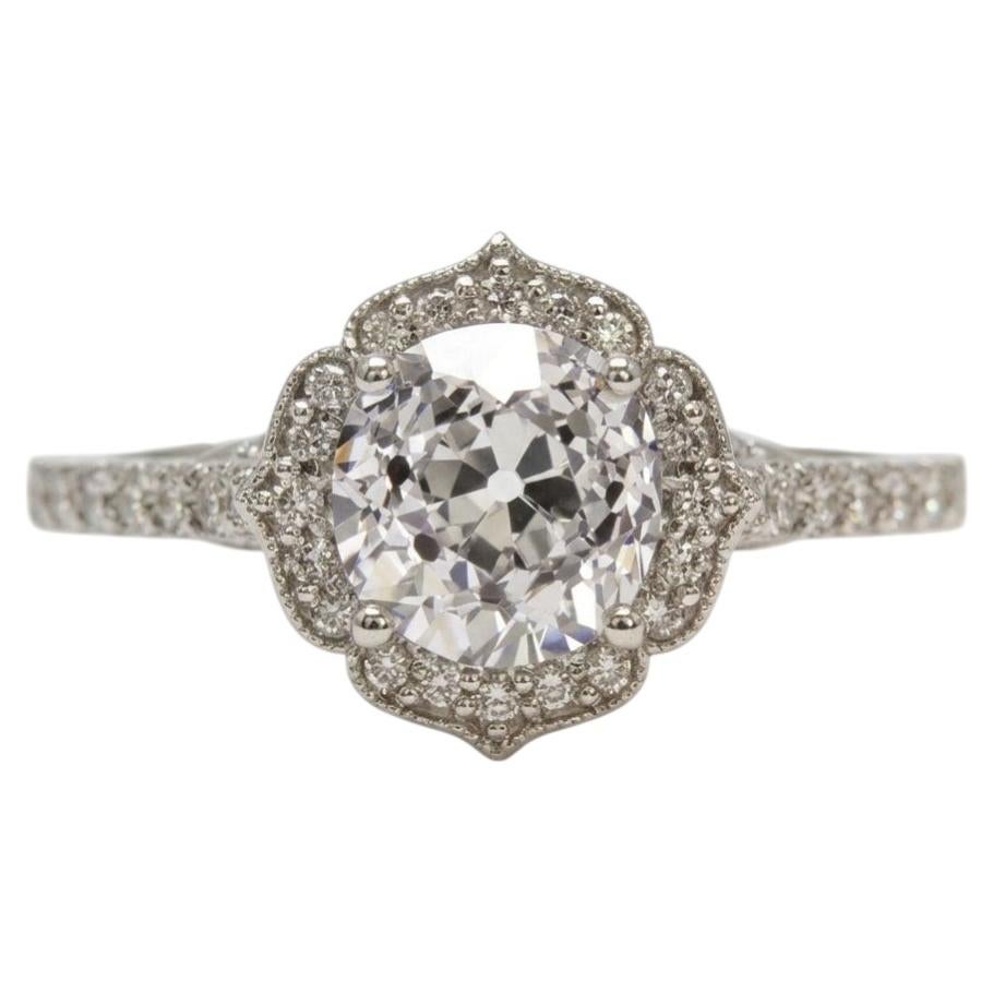 GIA Certified 2 Carat Old European Cut Diamond Scalloped Halo Ring