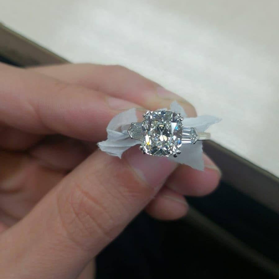 Women's GIA Certified 2 Carat Old Mine Cushion Cut Three-Stone Diamond Ring  For Sale