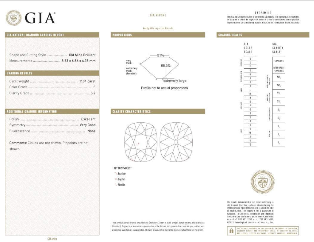 GIA Certified 2 Carat Old Mine Cut Diamond Platinum and Gold Engagement Ring (Alteuropäischer Brillantschliff) im Angebot