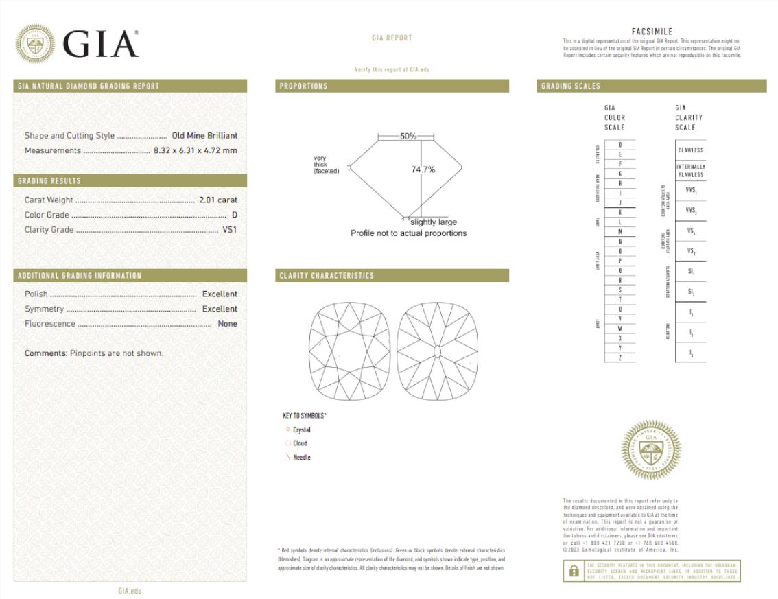 Taglio vecchia miniera Anello di fidanzamento in oro e platino con diamante taglio old mine certificato GIA da 2 carati in vendita