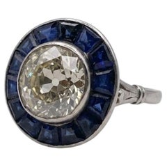 GIA Certified 2 Carat Old Mine Cut Diamond Sapphire Art Deco Ring