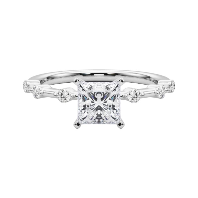 Anillo de diamantes en platino con mango de bambú y diamante princesa de 2 quilates certificado por GIA