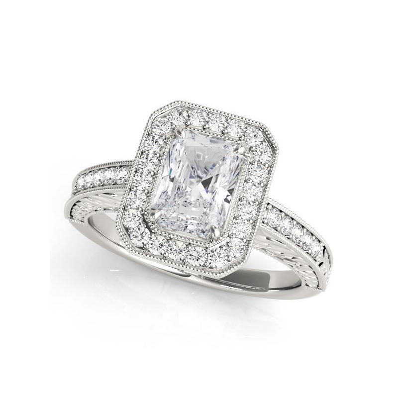 Taglio radiant Anello con diamante radiante aureolato inciso e traforato certificato GIA da 2 carati in vendita